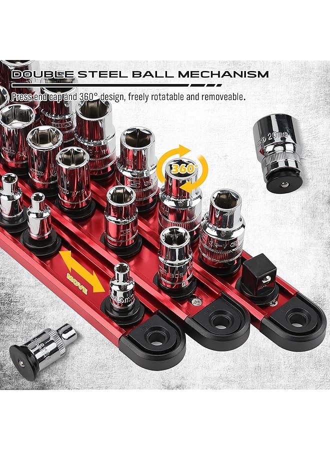 Excefore Magnetic Socket Organizer Set With 1/4" Detachable Socket Trays, Space Saving Tool Holder For 14-Piece Standard Sockets, Durable Garage Toolbox Storage For Automotive And Mechanical Use, Red - Image 3