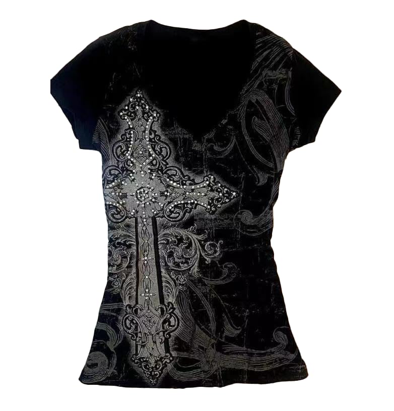 Dynict Womens Y2K Gothic Graphic V-Neck Slim Fit T-Shirt Grunge Vintage Short Sleeve Trendy Crop Tops (Black2,Small) - Image 1