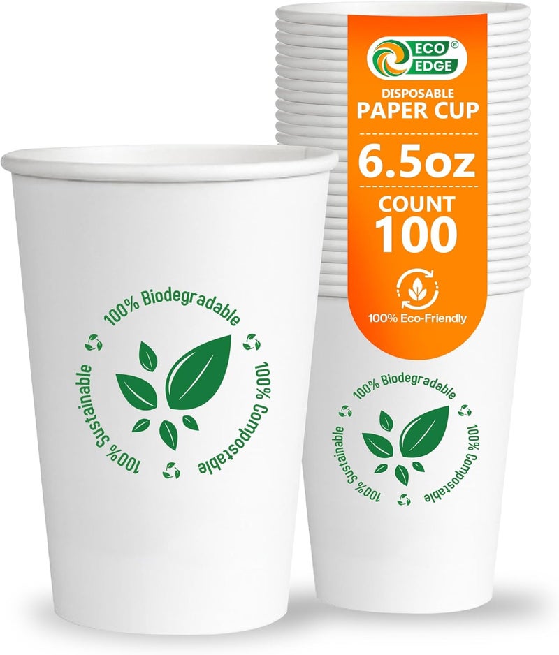 EcoEdge 6.5 Oz Disposable Heavy-Duty Party Paper Cups (Pack of 100) | For Coffee Latte, and Water | Natural, Compostable, Recyclable | Offices, Home, Take Away and Daily Use | 100% Eco Friendly - Image 1
