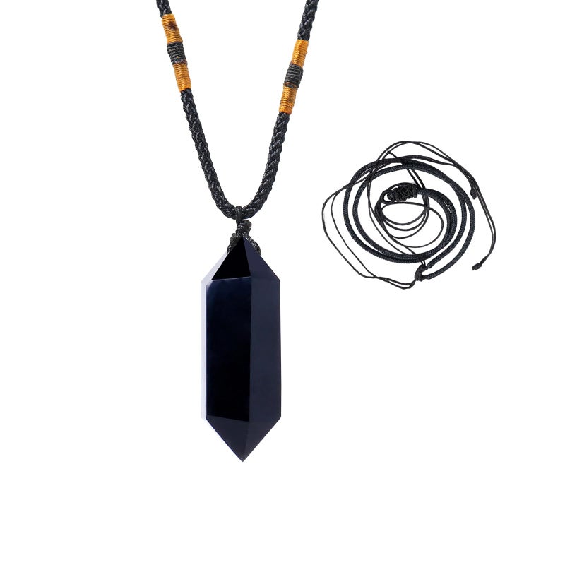 Runyangshi Runyangshi Black Obsidian Healing Crystal Pendants Double Pointed Natural Crystal Quartz Necklace 6 Faceted Chakra Crystal Wand Stone 