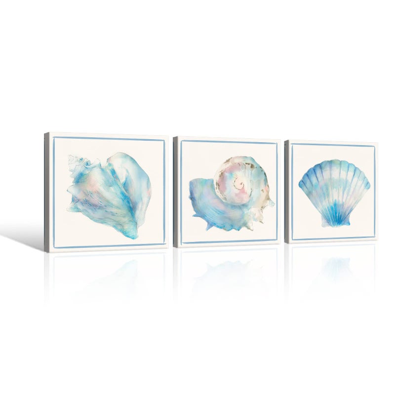 JAPO ART Seashell Wall Decor Ocean Beach Nautical Canvas Wall Art Blue Seashell Painting Coastal Art Pictures for Bathroom Livingroom Bedroom Wall Decoration 12x12Inchx3pcs - Image 2