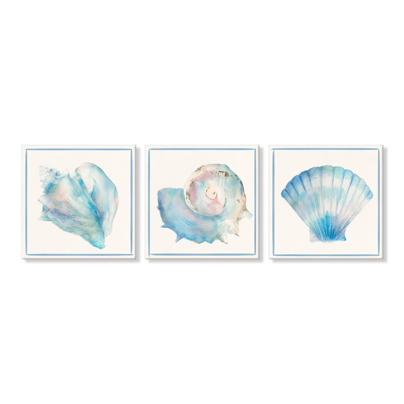 JAPO ART Seashell Wall Decor Ocean Beach Nautical Canvas Wall Art Blue Seashell Painting Coastal Art Pictures for Bathroom Livingroom Bedroom Wall Decoration 12x12Inchx3pcs - Image 1