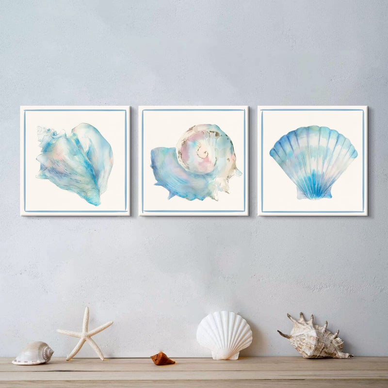 JAPO ART Seashell Wall Decor Ocean Beach Nautical Canvas Wall Art Blue Seashell Painting Coastal Art Pictures for Bathroom Livingroom Bedroom Wall Decoration 12x12Inchx3pcs - Image 3