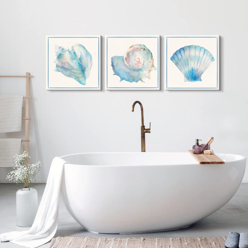 JAPO ART Seashell Wall Decor Ocean Beach Nautical Canvas Wall Art Blue Seashell Painting Coastal Art Pictures for Bathroom Livingroom Bedroom Wall Decoration 12x12Inchx3pcs - Image 4