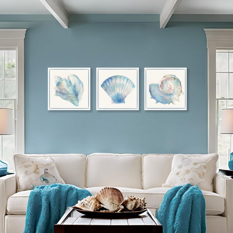 JAPO ART Seashell Wall Decor Ocean Beach Nautical Canvas Wall Art Blue Seashell Painting Coastal Art Pictures for Bathroom Livingroom Bedroom Wall Decoration 12x12Inchx3pcs - Image 5