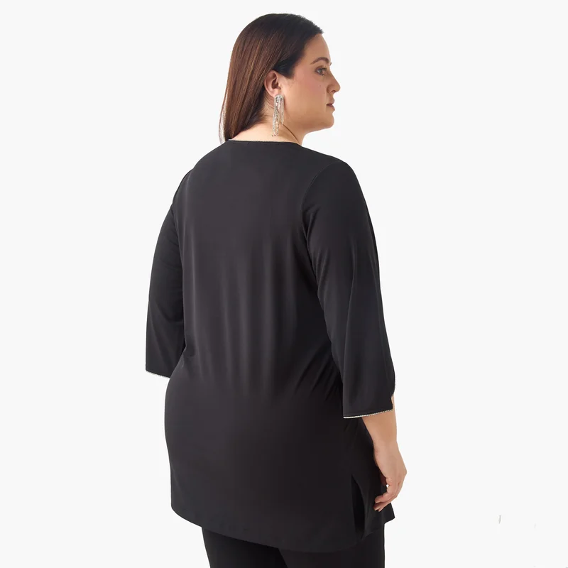  أولا بوبكن Plus Size Ulla Popken Embellished Top with Scoop Neck and 3/4 Sleeves