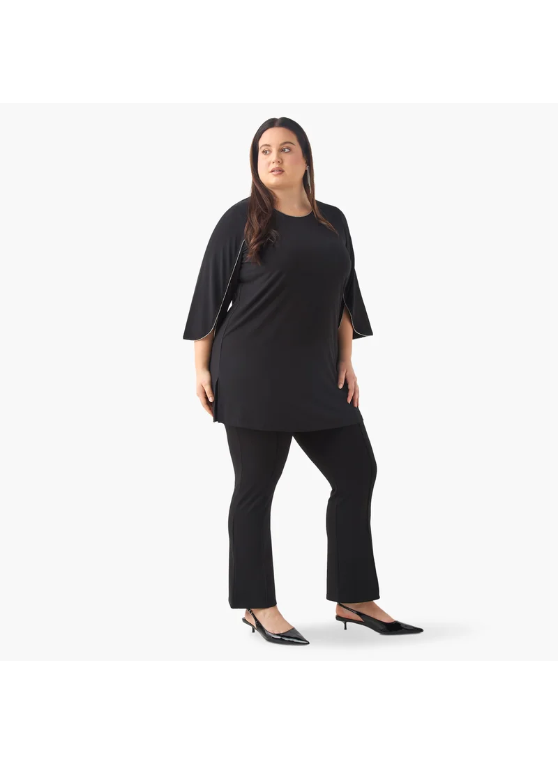 Ulla Popken Plus Size Ulla Popken Embellished Top with Scoop Neck and 3/4 Sleeves
