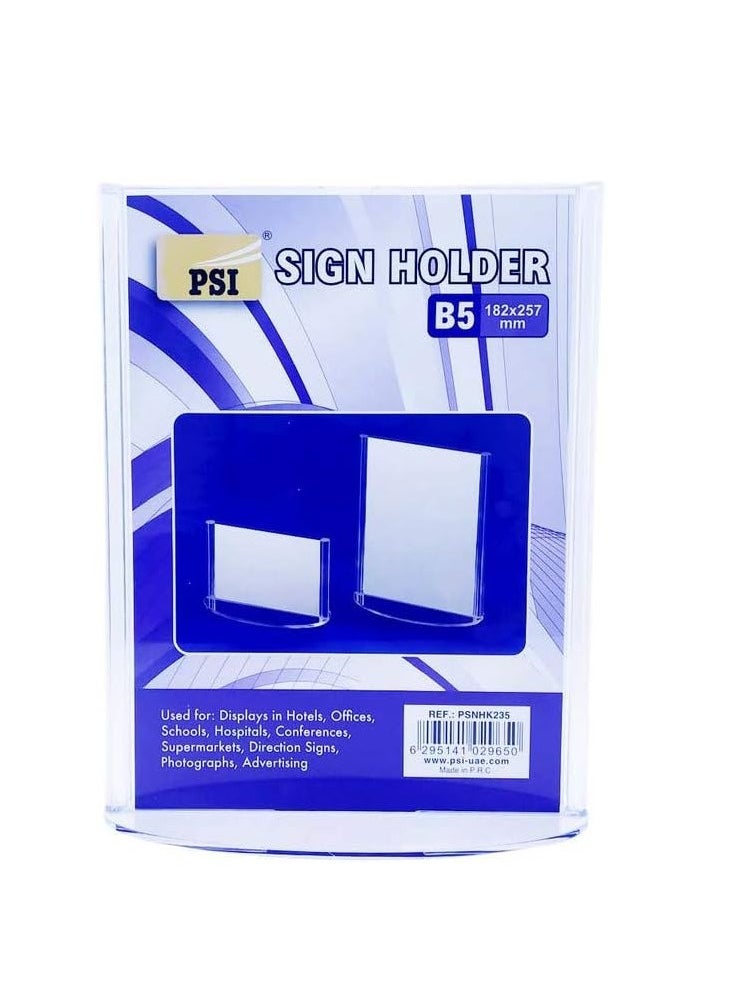 Psi SIGN HOLDER-VERTICAL"T-SHAPED",RE-USABLE,MENU HOLDER 182 X 257MM(B5)-TRANSPARENT  - Image 1