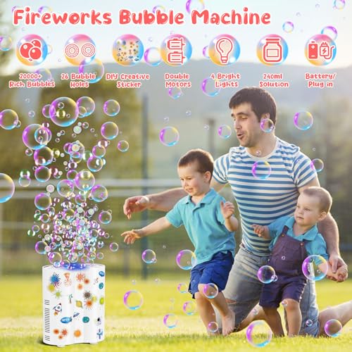 Panamalar Fireworks Bubble Machine Automatic Bubble Blower for Kids 20000 Bubbles per Min 26 Holes Bubble Machine with Lights240ml Solution DIY Sticker Bubble Maker Toys for Outdoor Party Wedding - Image 5