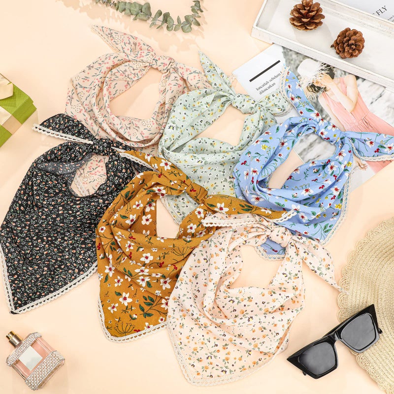 Dingion 6 Pcs Floral Hair Bandanas Head Kerchief Women Bandana Print Chiffon Hair Scarf Triangle Head Kerchief with Ties(Classic Color) - Image 3