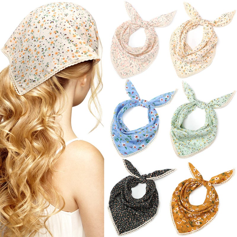Dingion 6 Pcs Floral Hair Bandanas Head Kerchief Women Bandana Print Chiffon Hair Scarf Triangle Head Kerchief with Ties(Classic Color) - Image 1