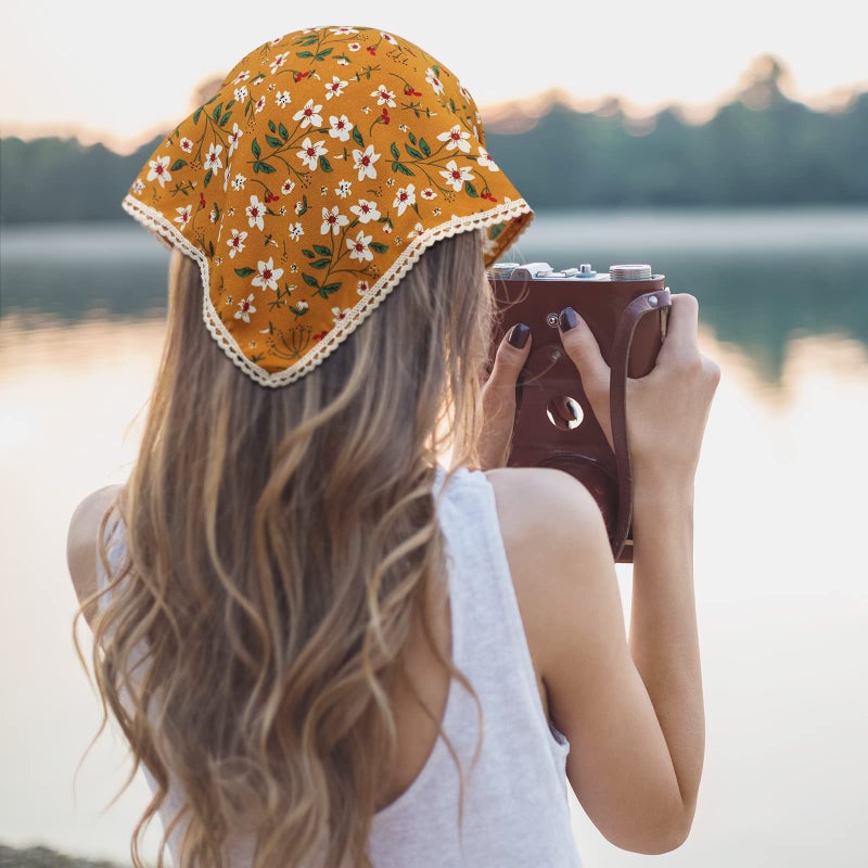 Dingion 6 Pcs Floral Hair Bandanas Head Kerchief Women Bandana Print Chiffon Hair Scarf Triangle Head Kerchief with Ties(Classic Color) - Image 5