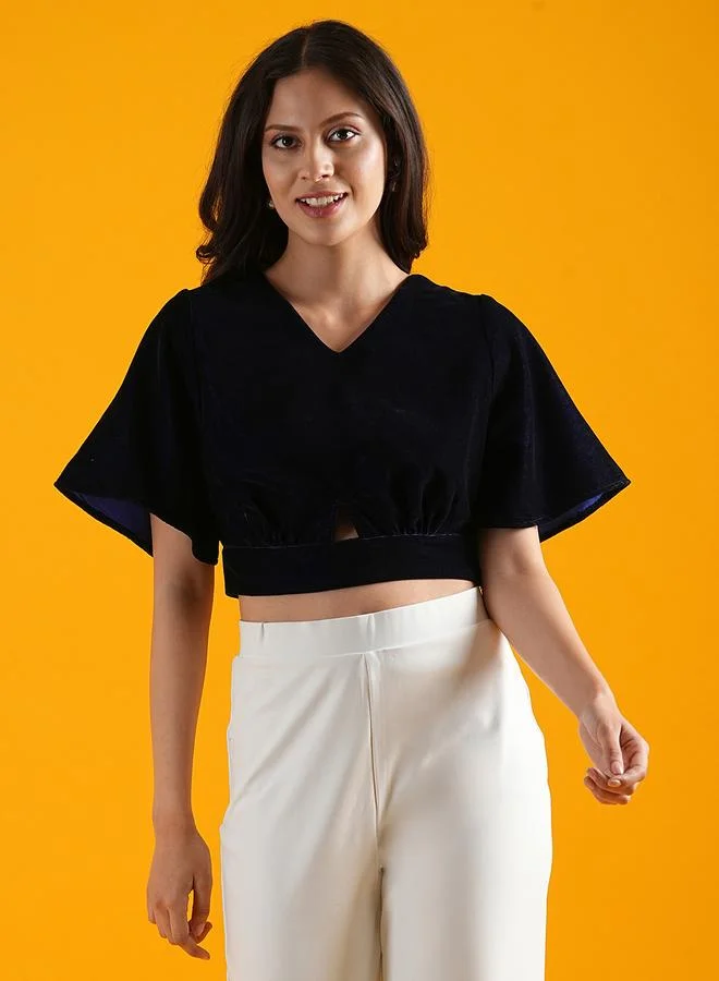 globus Globus Navy Cut-Out Waist Velvet Crop Top