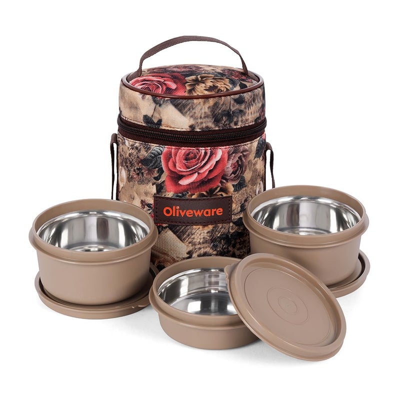 oliveware Falcon Lunch Box | Set of 3 Microwave Safe Containers | 300ml + 2x450ml | Leak-Proof & Easy to Carry (Light Brown) Stainless Steel - Image 1