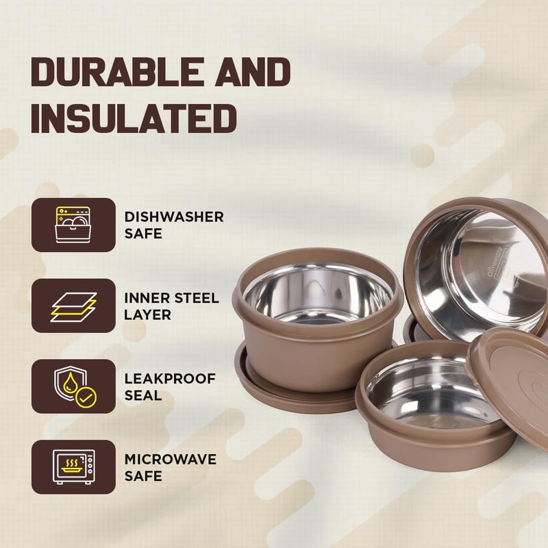 oliveware Falcon Lunch Box | Set of 3 Microwave Safe Containers | 300ml + 2x450ml | Leak-Proof & Easy to Carry (Light Brown) Stainless Steel - Image 2