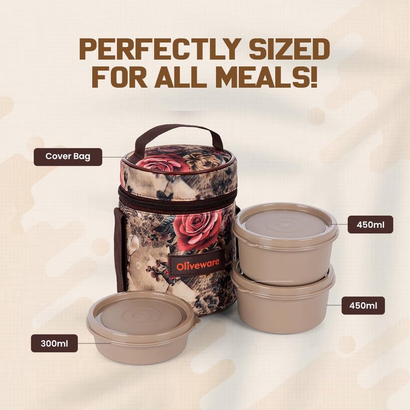 oliveware Falcon Lunch Box | Set of 3 Microwave Safe Containers | 300ml + 2x450ml | Leak-Proof & Easy to Carry (Light Brown) Stainless Steel - Image 4