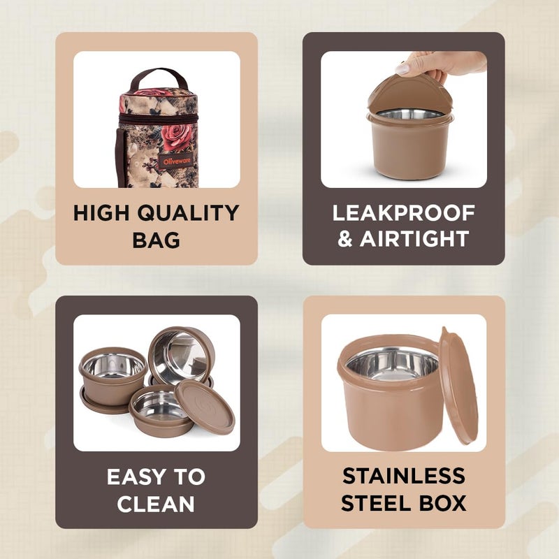 oliveware Falcon Lunch Box | Set of 3 Microwave Safe Containers | 300ml + 2x450ml | Leak-Proof & Easy to Carry (Light Brown) Stainless Steel - Image 3