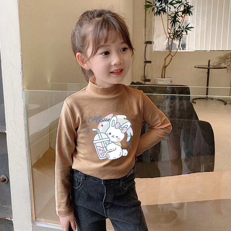 Children'S Base Shirt Half-High Collar Girl'S White Baby'S Long-Sleeved T-Shirt De-Velvet Base T-Shirt - Image 1