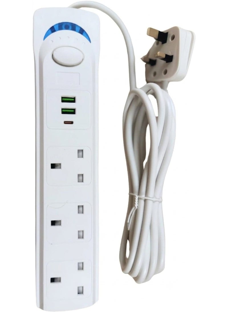 بست وان سلك تمديد بثلاثة منافذ وكابل بطول 3 أمتار، منفذي شحن USB-A ومنفذ شحن USB-C، سلك تمديد عالمي ثلاثي المنافذ مزود بمنفذي USB وUSB-C، 3 مقابس طاقة عالمية، كابل تمديد بطول 3 أمتار، وصلة كهربائية متعددة المنافذ ثلاثية الأطراف بقدرة 1700 واط للاستخدام المنزلي والمكتبي والمطبخي والسفر - Image 1