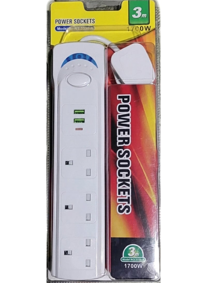 بست وان سلك تمديد بثلاثة منافذ وكابل بطول 3 أمتار، منفذي شحن USB-A ومنفذ شحن USB-C، سلك تمديد عالمي ثلاثي المنافذ مزود بمنفذي USB وUSB-C، 3 مقابس طاقة عالمية، كابل تمديد بطول 3 أمتار، وصلة كهربائية متعددة المنافذ ثلاثية الأطراف بقدرة 1700 واط للاستخدام المنزلي والمكتبي والمطبخي والسفر - Image 2