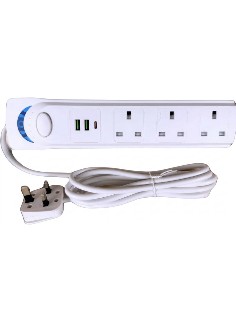 بست وان سلك تمديد بثلاثة منافذ وكابل بطول 3 أمتار، منفذي شحن USB-A ومنفذ شحن USB-C، سلك تمديد عالمي ثلاثي المنافذ مزود بمنفذي USB وUSB-C، 3 مقابس طاقة عالمية، كابل تمديد بطول 3 أمتار، وصلة كهربائية متعددة المنافذ ثلاثية الأطراف بقدرة 1700 واط للاستخدام المنزلي والمكتبي والمطبخي والسفر - Image 5