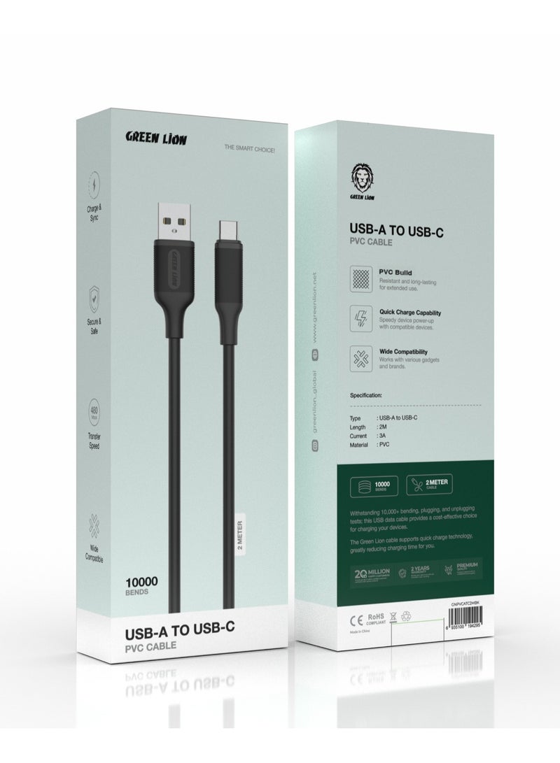 GREEN LION USB-A to USB-C PVC Cable 2M / 480mbps Transfer Speed / Quick Charge Capability / Wide Compatibility / 10000 Bends Life Span / Secure & Safe / Charge & Sync - Black - Image 2