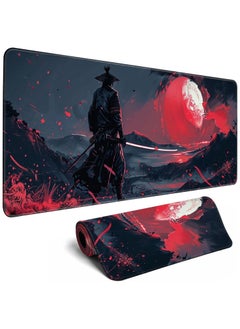 Black Desk Mat Japanese Samurai Mouse Pad XL Red Anime Big Mousepad Gaming Large Mouse Pad for Men Desk Pad with Stitched Edges Non-Slip Large Computer Mat, 31.5x11.8 in