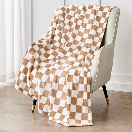 Edenleaf Checkered Blanket Flannel Throw Blankets Soft Cozy Checkered Grid Print Chessboard Gingham Pattern Throws for Bed Sofa Couch for All Seasons, 50x60 Inch, Blonde - Image 1