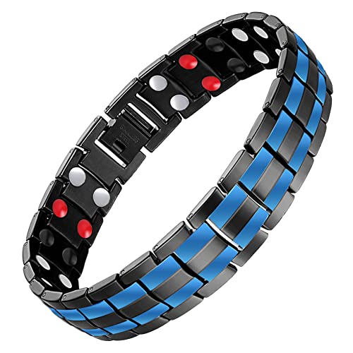 Feraco Mens Magnetic Bracelet Titanium Steel Magnetic Bracelet with Double Row 4 Elements Magnets (Black & Double Blue Line) - Image 1