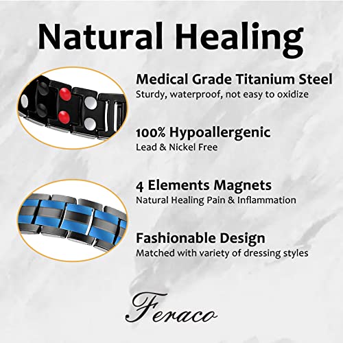Feraco Mens Magnetic Bracelet Titanium Steel Magnetic Bracelet with Double Row 4 Elements Magnets (Black & Double Blue Line) - Image 3