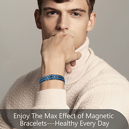 Feraco Mens Magnetic Bracelet Titanium Steel Magnetic Bracelet with Double Row 4 Elements Magnets (Black & Double Blue Line) - Image 5