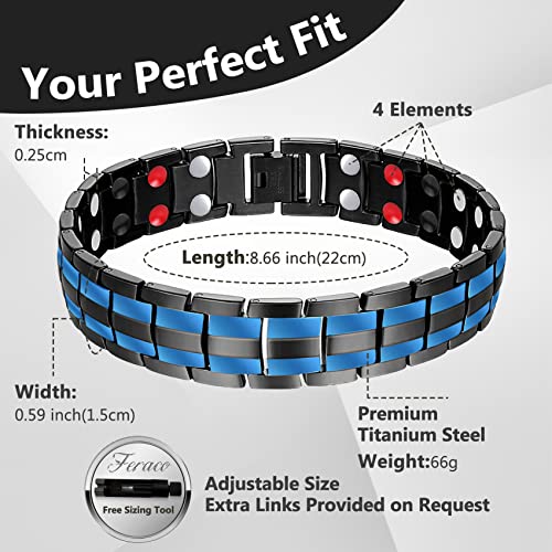 Feraco Mens Magnetic Bracelet Titanium Steel Magnetic Bracelet with Double Row 4 Elements Magnets (Black & Double Blue Line) - Image 2