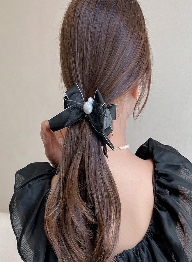 Aswewamt 4 Pcs Bow Pearl Hair Clips White Black Ribbon Bowknot Hair Claws Ponytail Holder Headwear Accessories for Women Girls - Image 4