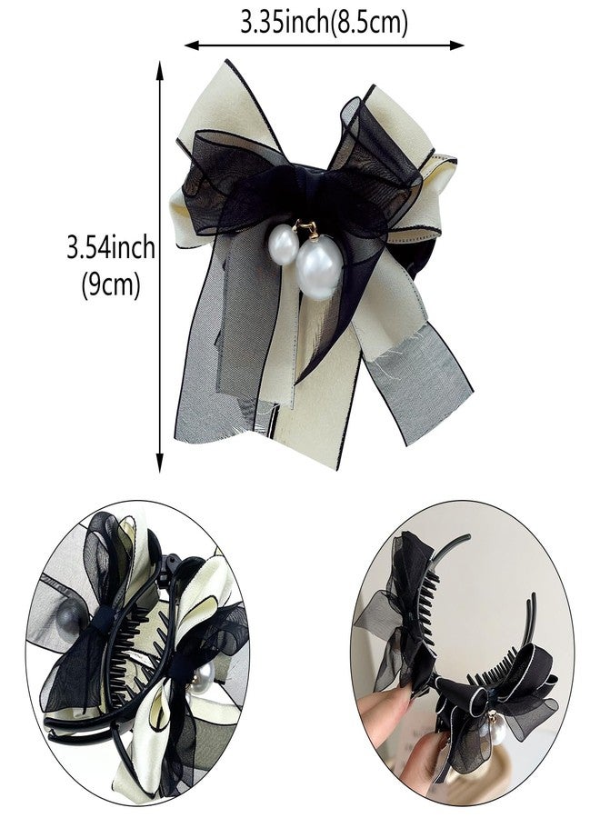 Aswewamt 4 Pcs Bow Pearl Hair Clips White Black Ribbon Bowknot Hair Claws Ponytail Holder Headwear Accessories for Women Girls - Image 2