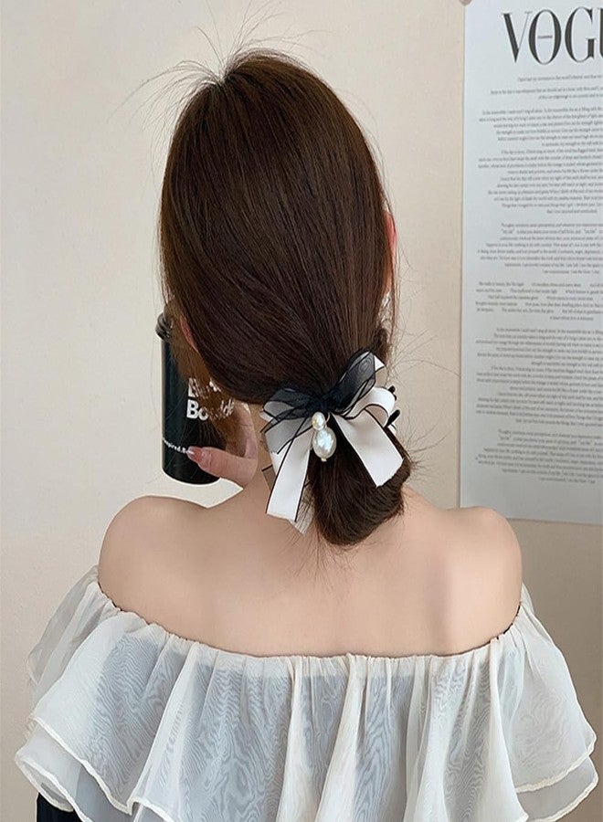Aswewamt 4 Pcs Bow Pearl Hair Clips White Black Ribbon Bowknot Hair Claws Ponytail Holder Headwear Accessories for Women Girls - Image 5