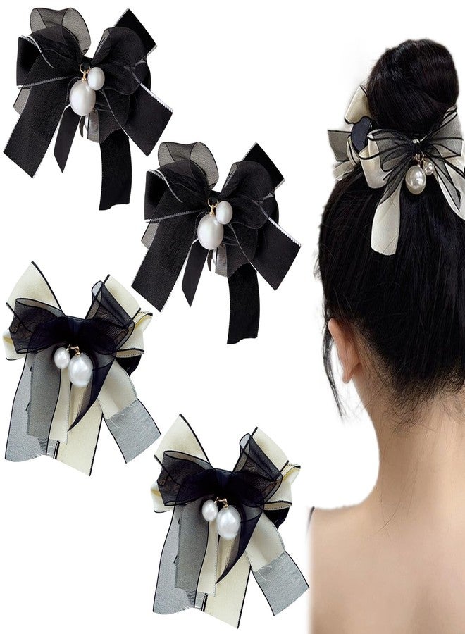 Aswewamt 4 Pcs Bow Pearl Hair Clips White Black Ribbon Bowknot Hair Claws Ponytail Holder Headwear Accessories for Women Girls - Image 1