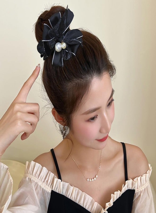 Aswewamt 4 Pcs Bow Pearl Hair Clips White Black Ribbon Bowknot Hair Claws Ponytail Holder Headwear Accessories for Women Girls - Image 3