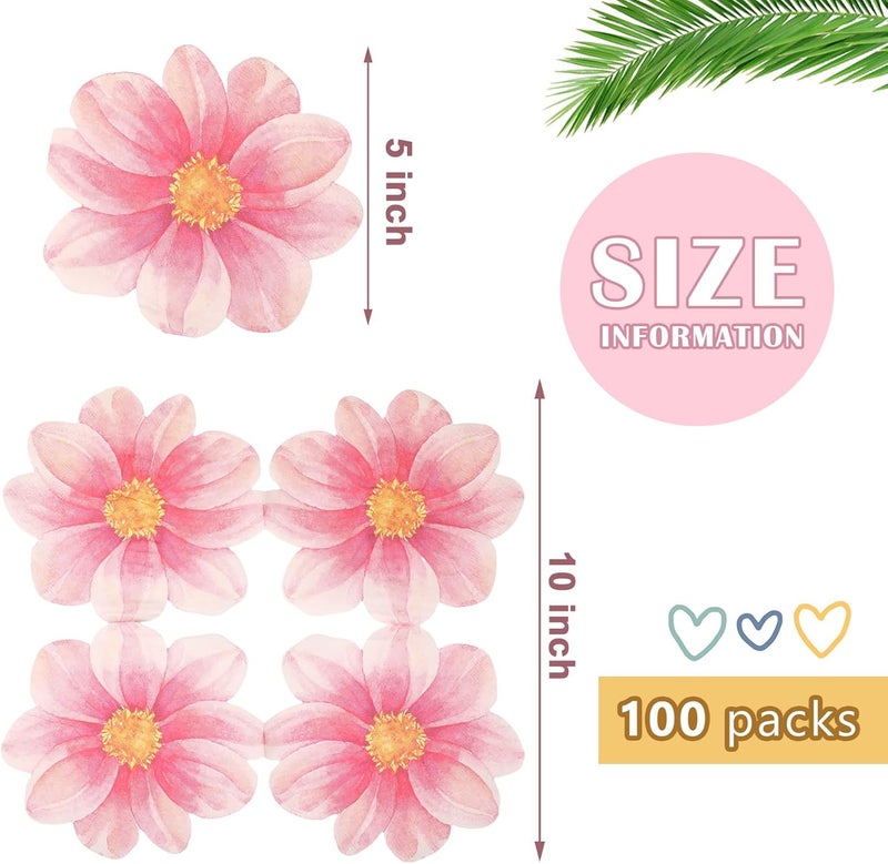 Disposable Floral Napkins 100 Pieces 2-Ply 33 X 33 Cm Pink Flower Shape - Water Absorbent & Tear Resistant Cocktail Napkins for Bridal Shower Baby Shower Wedding Birthday Party - Image 3