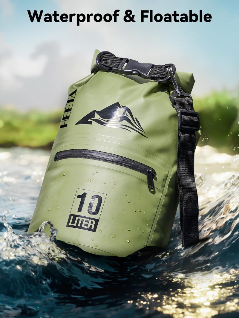 HEETA Waterproof Dry Bag with Front Zippered Pocket for Women Men, Roll Top Lightweight Dry Storage Bag Backpack for Travel, Kayaking, Boating, Rafting, Camping, Hiking & Beach (Green, 10L) - Image 3