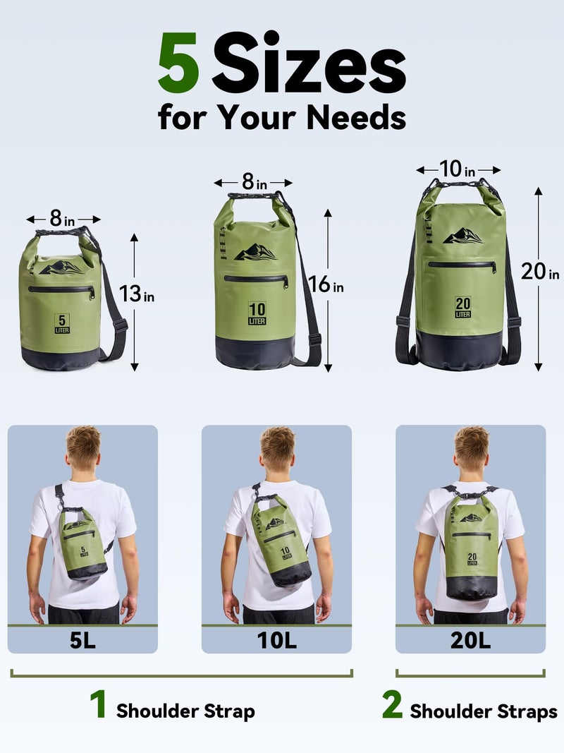 HEETA Waterproof Dry Bag with Front Zippered Pocket for Women Men, Roll Top Lightweight Dry Storage Bag Backpack for Travel, Kayaking, Boating, Rafting, Camping, Hiking & Beach (Green, 10L) - Image 2