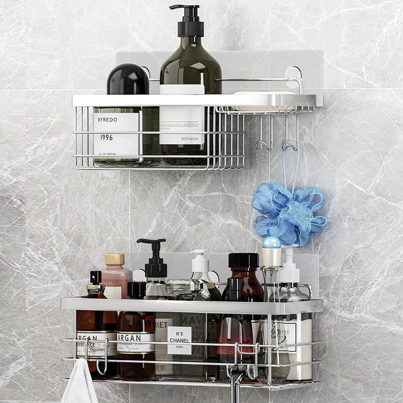 KESOL Shower Caddy and Soap Dish with Hooks Shower Shelf Organizer No Drilling Adhesive Wall Mounted Bathroom Shelf Rustproof SUS304 Stainless Steel 2 Pack Silver