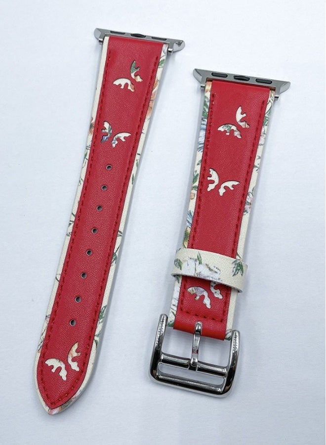 Beauenty For apple iWatch 6/7/8 Watch with Butterfly print leather strap 38/40/41mm red