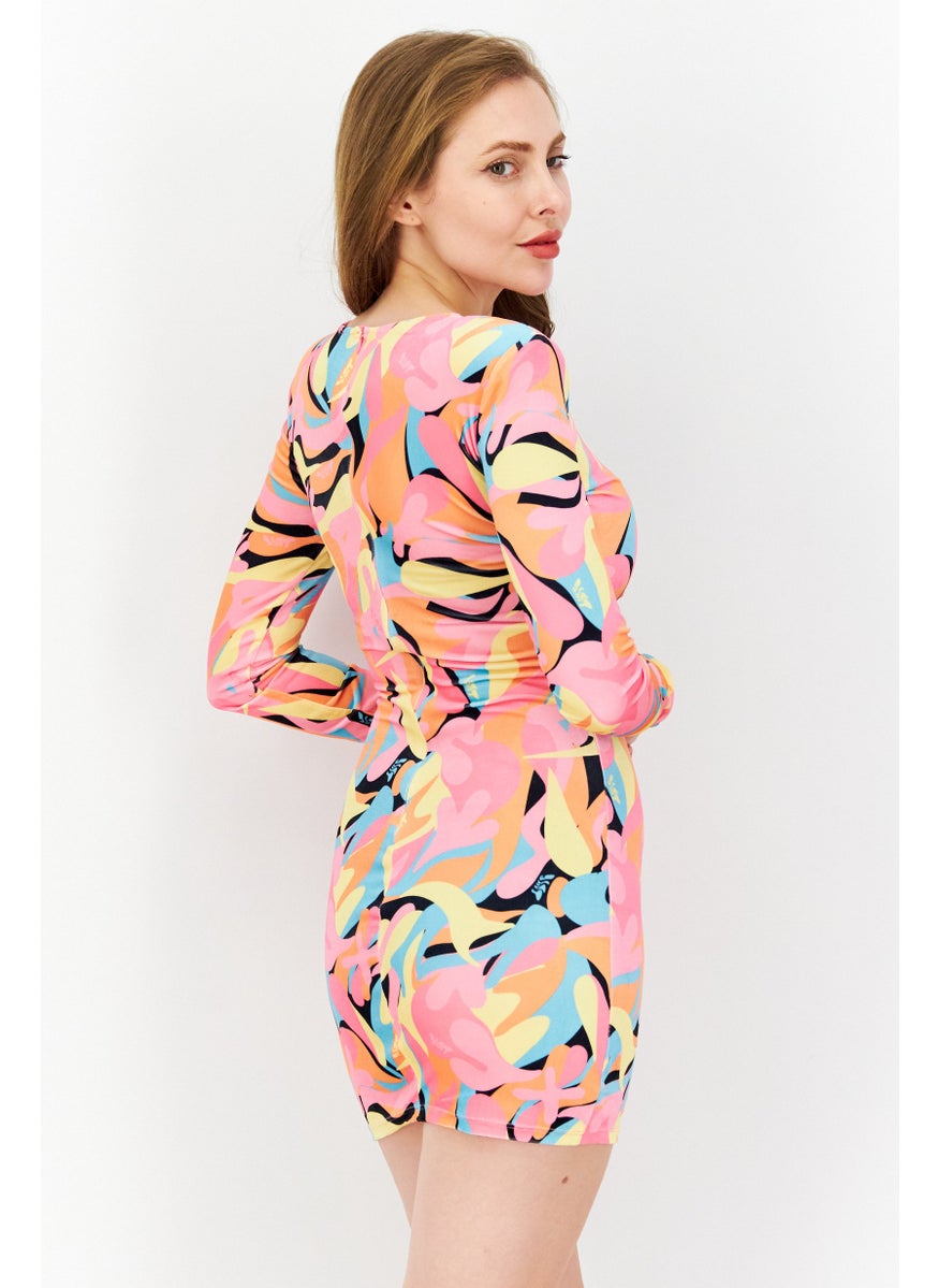 Bershka Women Abstract Print Mini Casual Dress, Pink Combo  - Image 4
