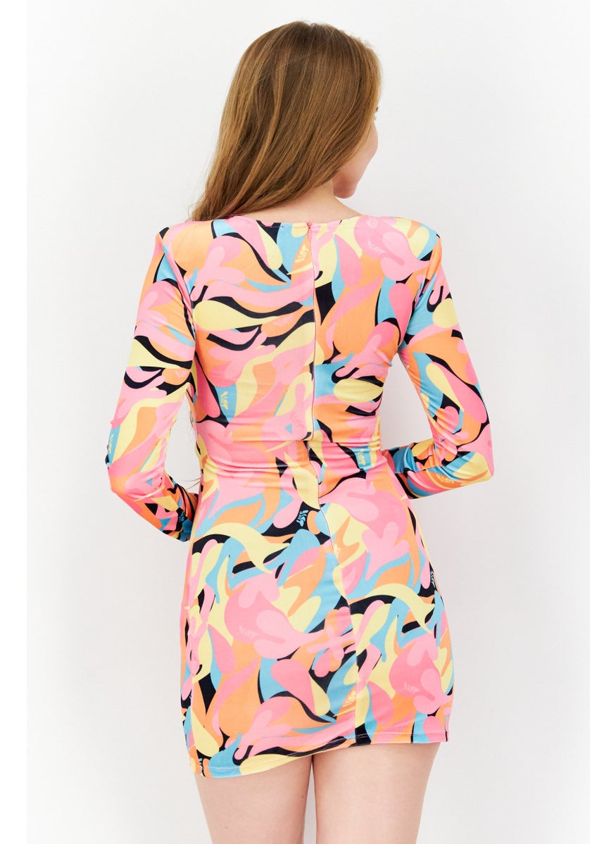 Bershka Women Abstract Print Mini Casual Dress, Pink Combo  - Image 3