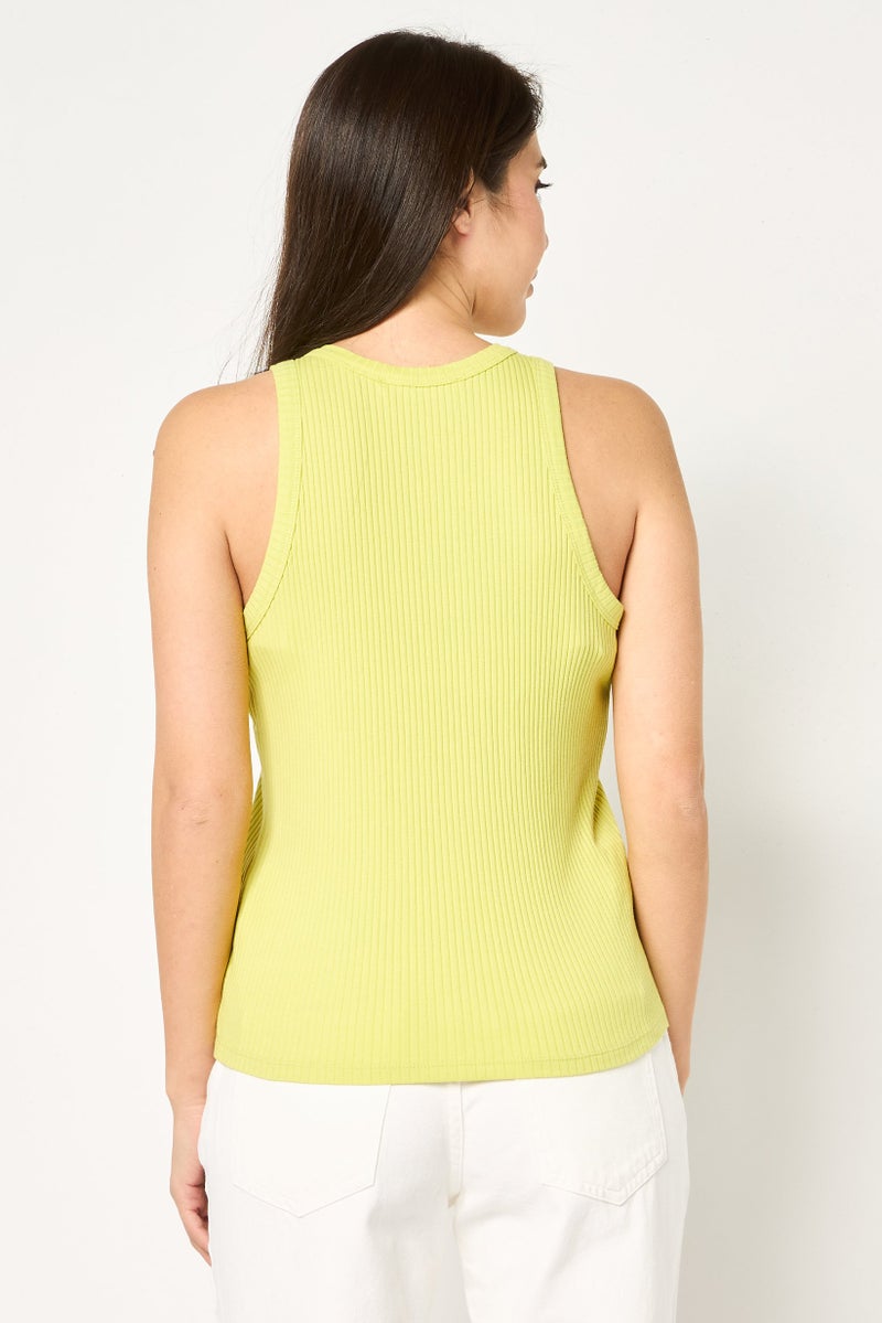 promod Women Crew Neck Sleeveless Ribbed Tank Top, Lime Green - Image 2