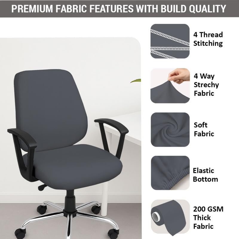 HOTKEI 2 Piece Set of 2 Office Chair Cover 200GSM Fabric Stretchable Elastic Removable Washable Grey Office Computer Executive Rotating Chair Seat Covers Slipcover Protector Office Computer Chair - Image 2