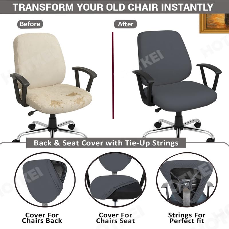 HOTKEI 2 Piece Set of 2 Office Chair Cover 200GSM Fabric Stretchable Elastic Removable Washable Grey Office Computer Executive Rotating Chair Seat Covers Slipcover Protector Office Computer Chair - Image 5