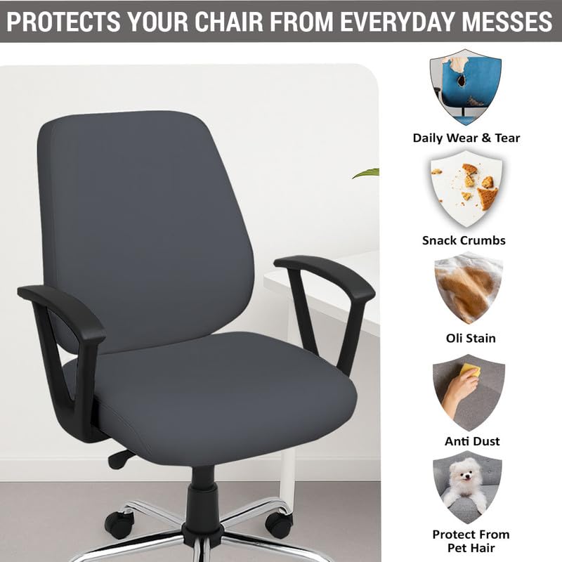 HOTKEI 2 Piece Set of 2 Office Chair Cover 200GSM Fabric Stretchable Elastic Removable Washable Grey Office Computer Executive Rotating Chair Seat Covers Slipcover Protector Office Computer Chair - Image 3