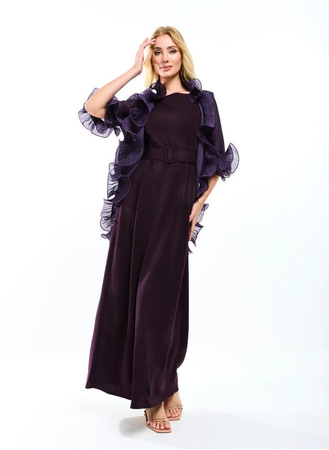 House of Moda House of Moda Plain Belted Maxi Dress with Detachable Ruffle Shrug