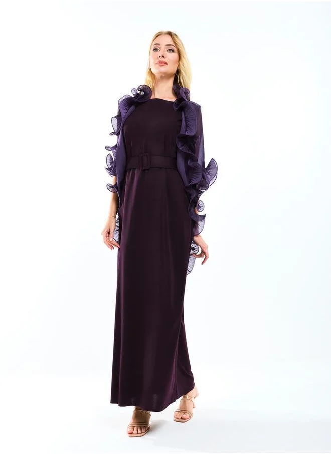هاوس اوف مودا Plain Belted Maxi Dress with Detachable Ruffle Shrug by Styli